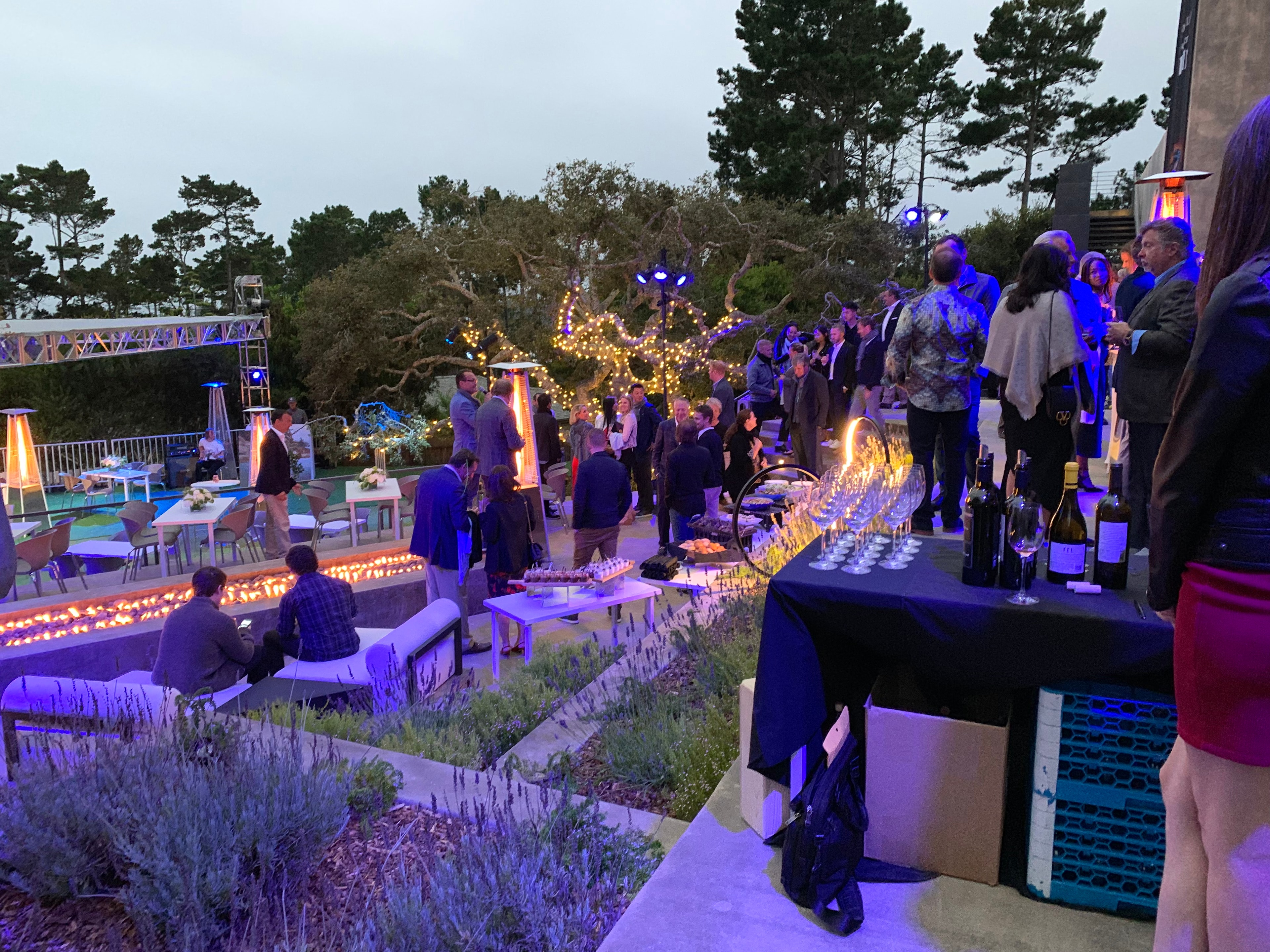 Elegant outdoor evening event with fire features and lavender